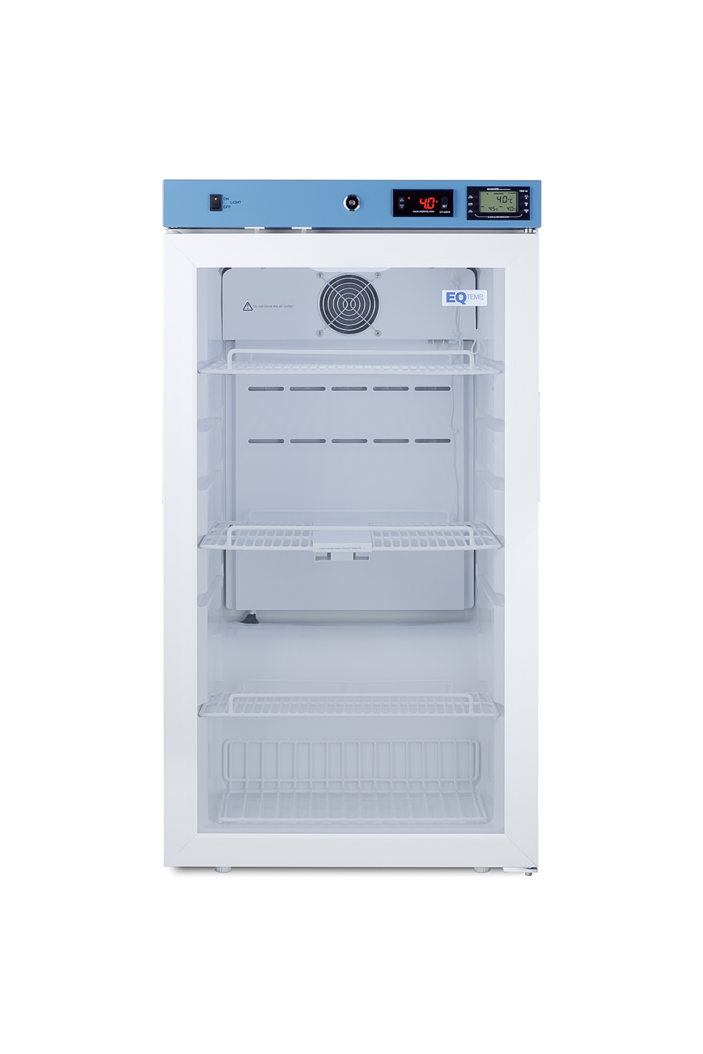 Healthcare all-refrigerator certified to NSF/ANSI 456 with self-closing glass door, front lock, digital controls, and NIST-calibrated temperature readout